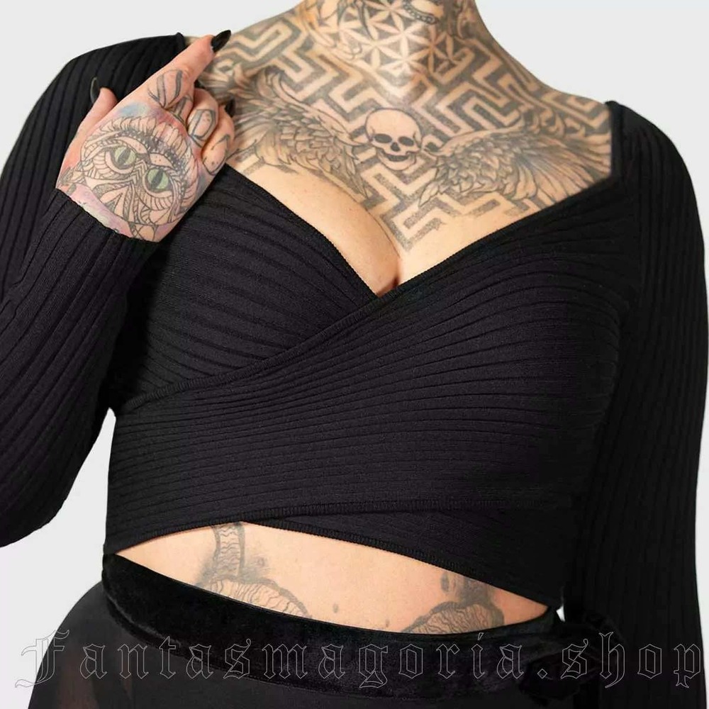 Killstar Awakening Wrap Top Black Ribbed Knit Long Sleeve Crop Goth Womens Large